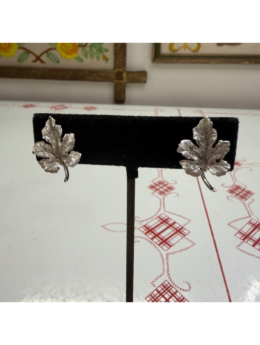 Sterling silver leaf thread back earrings vintage 1950s by Bickson